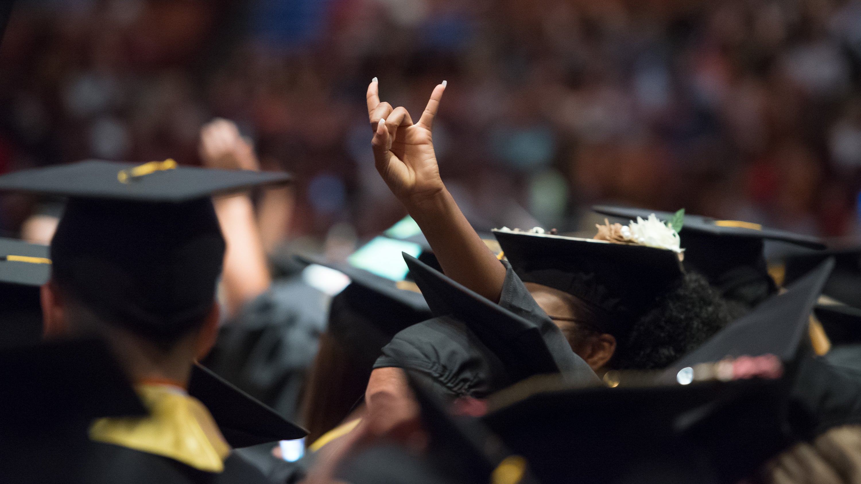 Graduate raising a Hook 'em Horns hand gesture above a group of graduation caps.