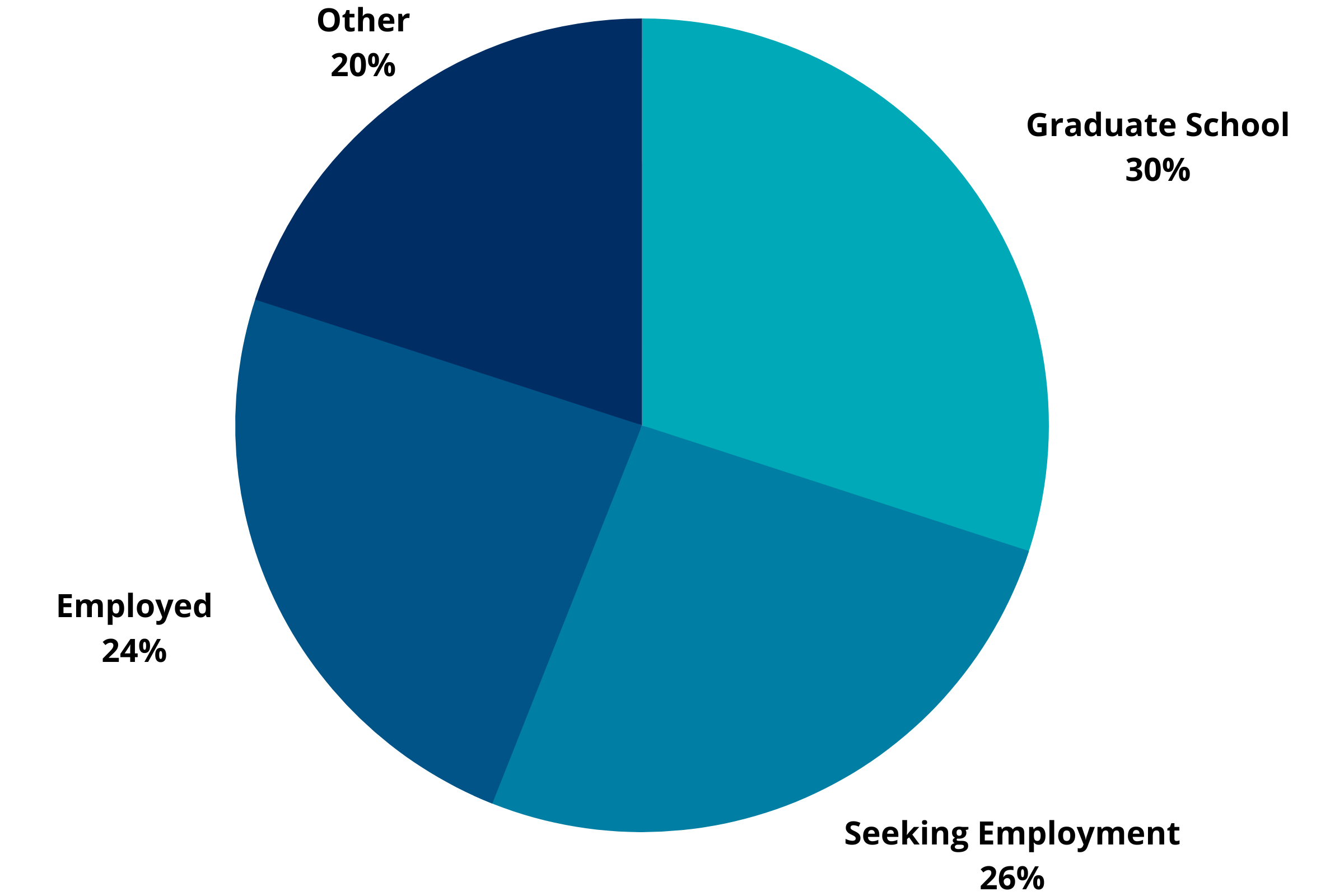 Astronomy Graduation Outcomes: Graduate School 30%, Seeking Employment 26%, Employed 24%, Other 20%