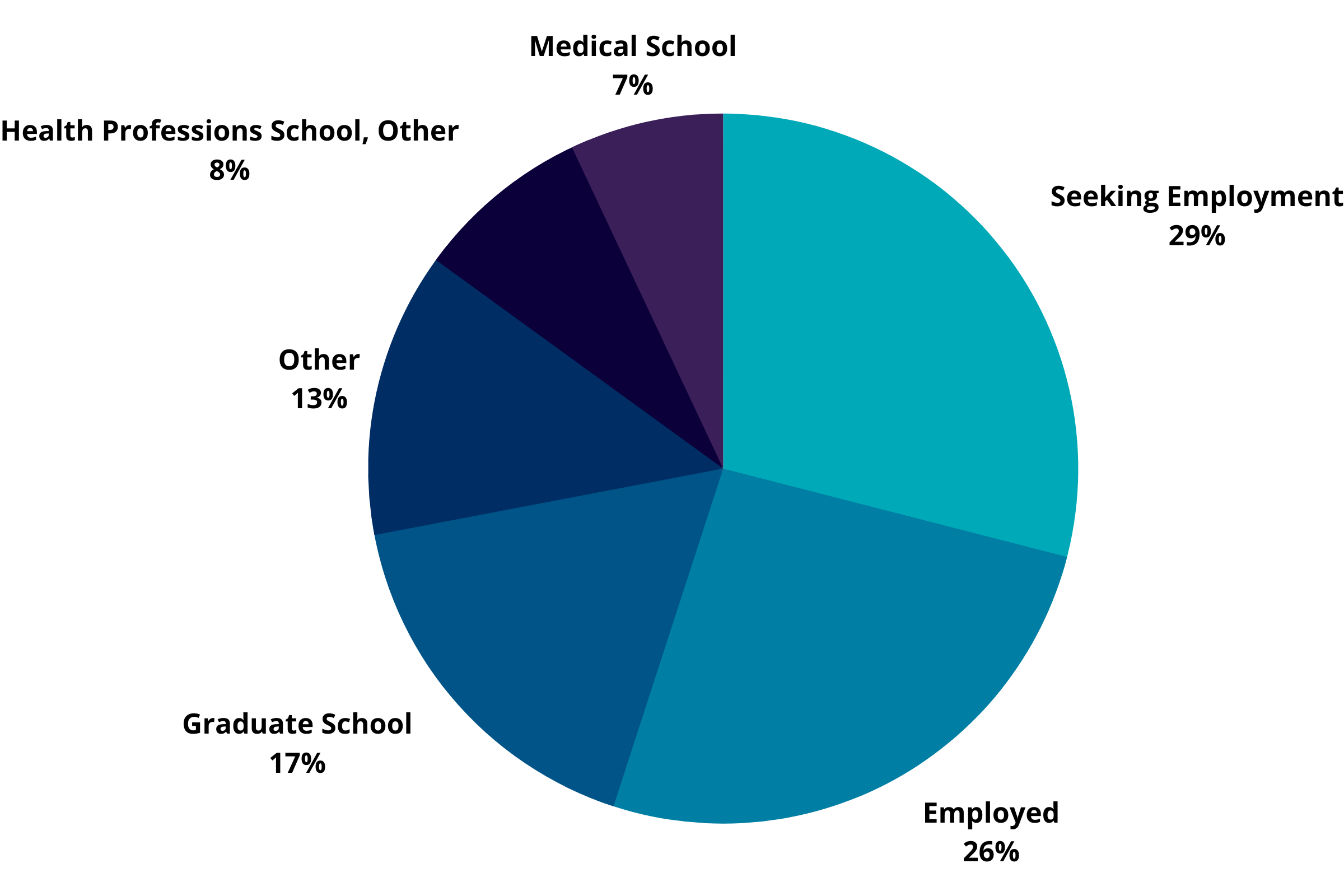 Chemistry Graduation Outcomes: Seeking Employment 29%, Employed 26%, Graduate School 17%, Medical School 7%, Health Professions School 8%, Other 13%