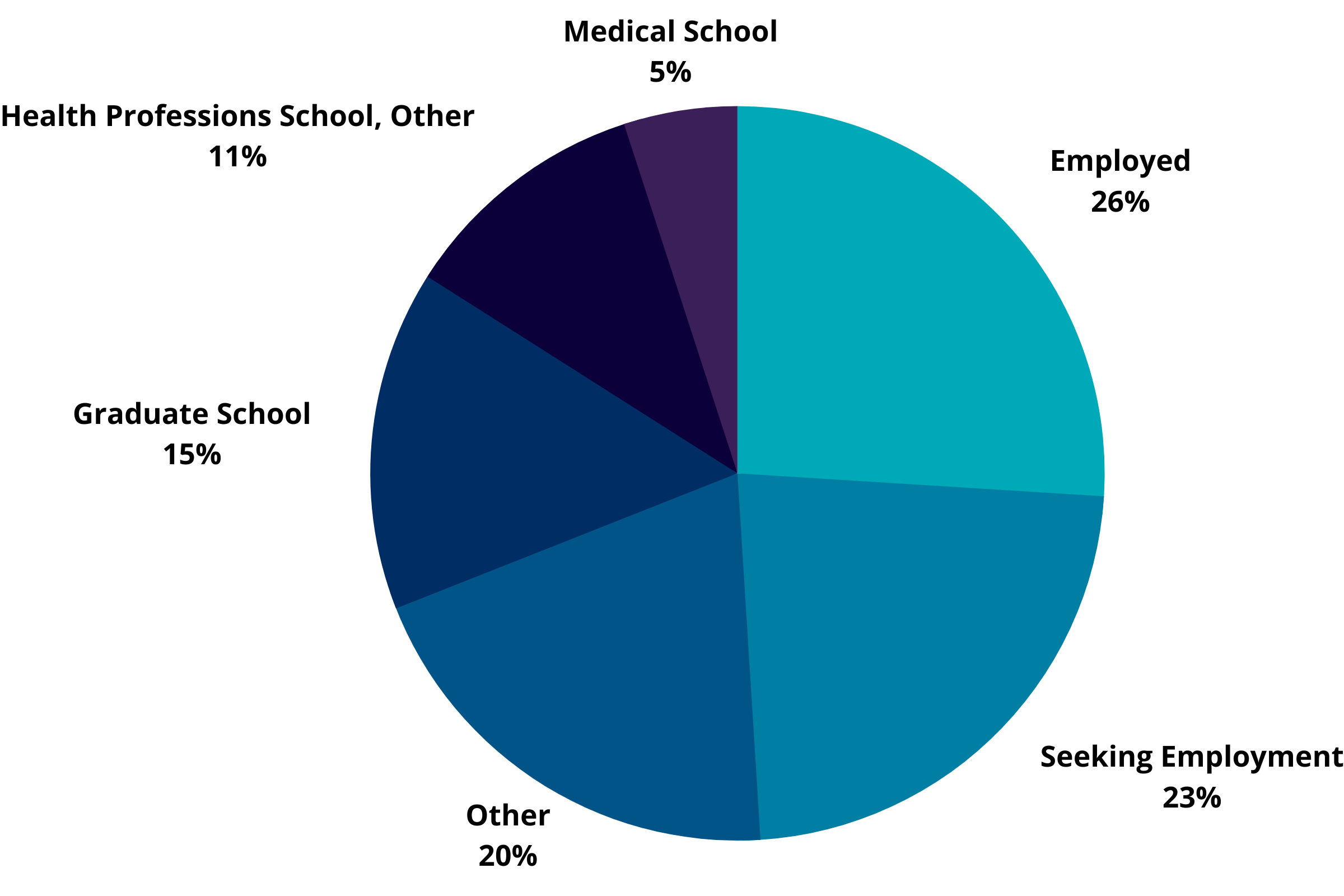 HDFS Graduation Outcomes: Employed 26%, Seeking Employment 23%, Graduate School 15%, Health Professions School 11%, Medical School 5%, Other 20%