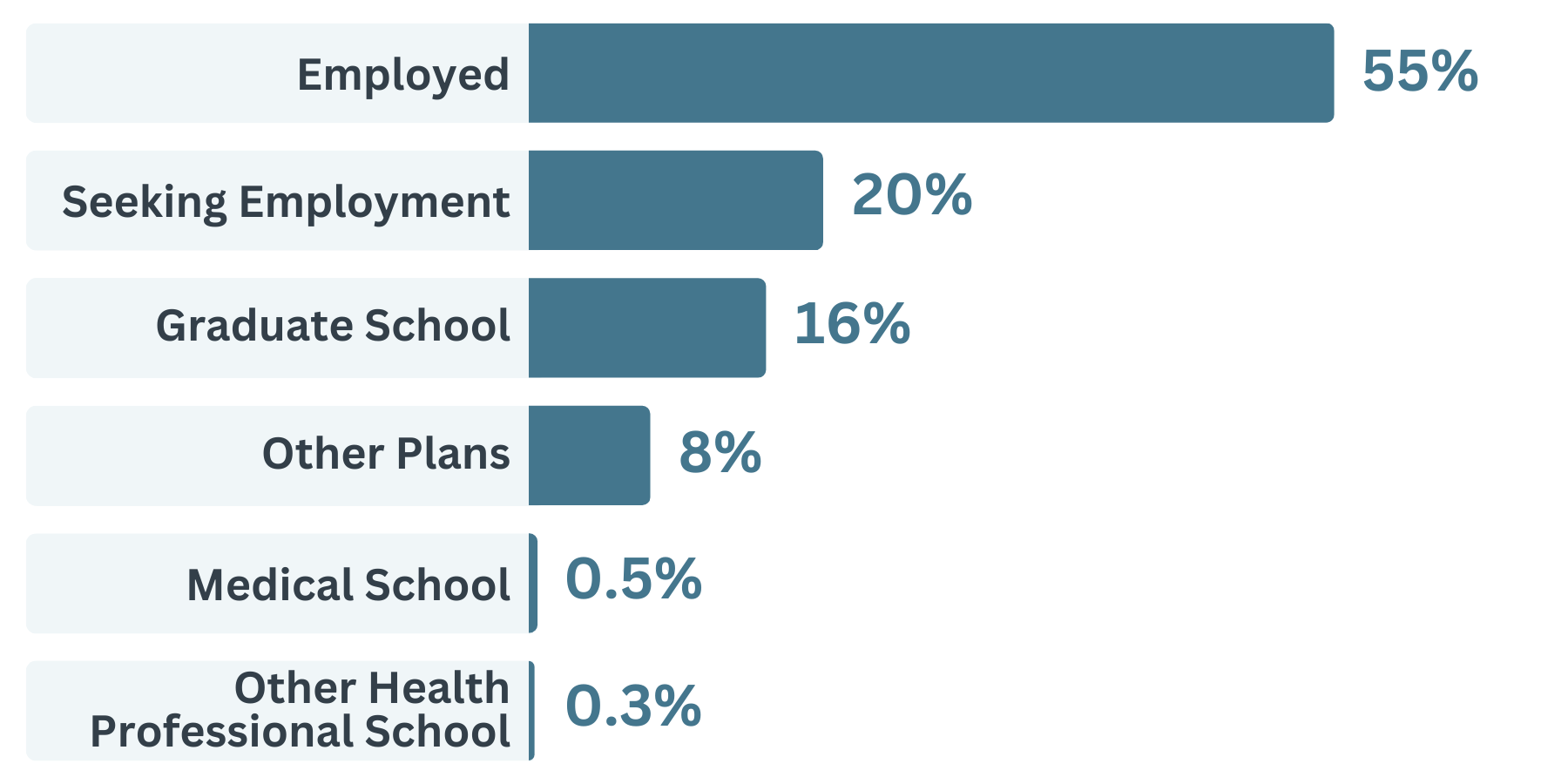 mathematics data: employed 55%, seeking employment 20%, graduate school 16%, other plans 8%, medical school 0.5%, other health professional school 0.3%